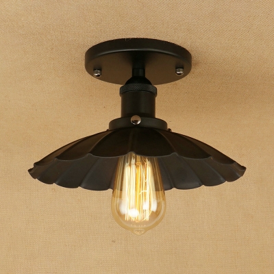 Black Scalloped Semi Flush Mount Retro Industrial Style Iron 1 Light Ceiling Lamp for Restaurant Porch