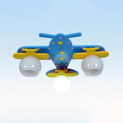 Blue Airplane Flush Mount with Globe Opal Glass Shade Triple Heads Ceiling Light for Youth