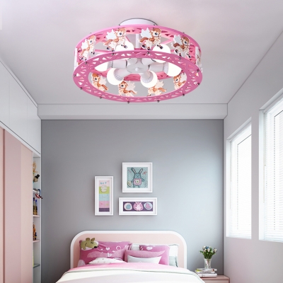 Blue/Pink Drum Semi Flush Light with Cartoon Horse Metal 6 Lights Ceiling Light for Kids