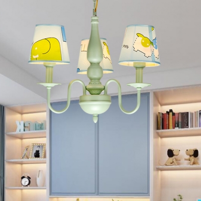 Cone 3/5 Lights Hanging Lamp with Animal Green Finish Fabric Shade Suspension Light for Kids Room