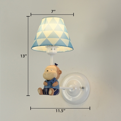 Conical 1 Light Wall Light Sconce with Lovely Monkey Blue Fabric Shade Wall Mount Fixture for Kids