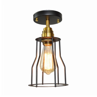 Lodge Style Wire Cage Ceiling Lamp Metallic Single Light Semi Flushmount in Aged Brass Finish for Corridor