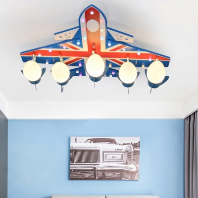 Opal Glass Shade Flush Light with Aircraft Blue 5 Lights Ceiling Fixture for Nursing Room