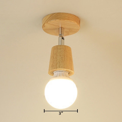 Rotatable Open Bulb Ceiling Light Minimalist Wooden Single Light Semi Flush Mount for Coffee Shop