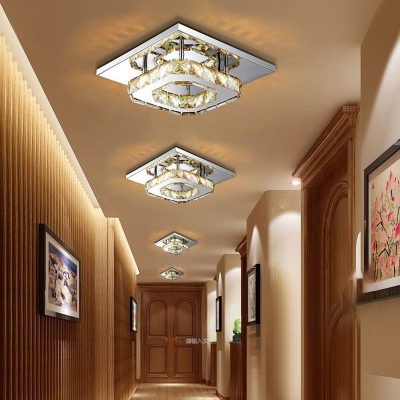 Square LED Semi Flushmount with Amber Crystal Decoration Modernism Ceiling Lamp for Hallway