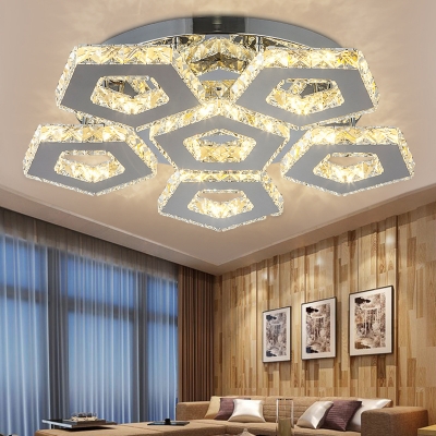 Stainless Pentagon Ceiling Fixture Contemporary LED Semi Flush Light Fixture with Crystal