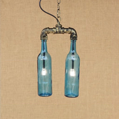 2 Bulbs Bottle Suspension Light with Amber/Blue/Clear/Smoke Glass Shade Loft Style Chandelier