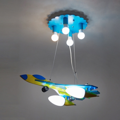 6 Lights Aircraft Hanging Lamp Contemporary Kindergarten Metal Flush Light in Blue