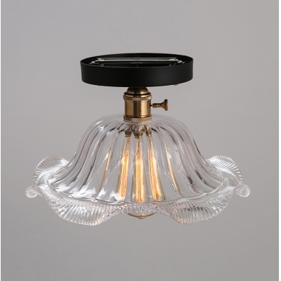Antique Brass Flared Ceiling Lamp Traditional Clear Glass 1 Head Semi Flush Mount with Wavy Edge