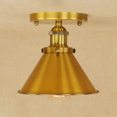 Brushed Brass/Copper Cone Ceiling Fixture Loft Style Metal 1 Light Mini Semi Flush Light Fixture