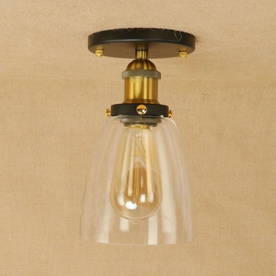 Curved Glass Shade Ceiling Lamp Retro Style Single Head Ceiling Flush Mount in Brass Finish for Porch
