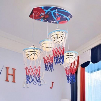 Glass Shade Hanging Lamp with White Basketball 4 Heads Suspended Light for Boys Room