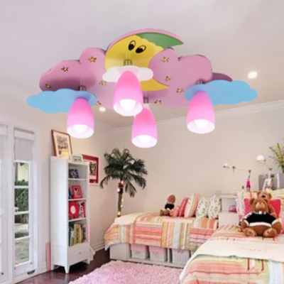 Moon Flush Light Fixture with Glass Shade Baby Kids Room 4 Heads Ceiling Lamp in Blue/Pink