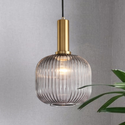 Nordic Style Cylinder/Oval Hanging Pendant Light with Smoke Ribbed Glass 1 Bulb Drop Light in Brass