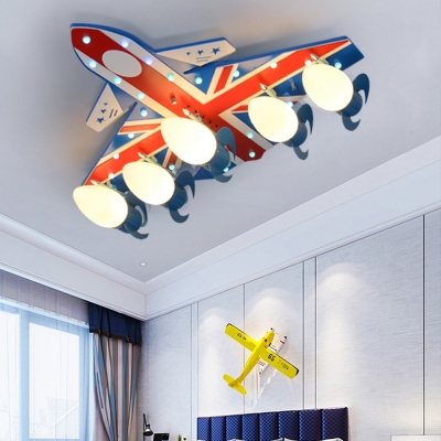 Opal Glass Shade Flush Light with Aircraft Blue 5 Lights Ceiling Fixture for Nursing Room