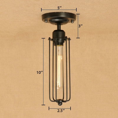 Tube Bulb Semi Flush Mount Light with Wire Guard Industrial Metal Single Light Ceiling Fixture in Black