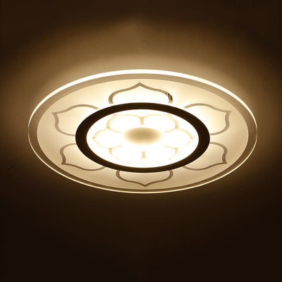 White Round Disc LED Ceiling Lamp with Flower Pattern Contemporary Acrylic Flush Mount