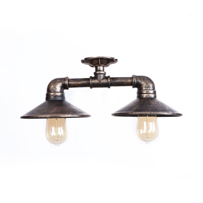 Distressed Industrial Pipe Indoor Lighting with Flared Metal Shade 2 Heads Ceiling Fixture in Bronze/Silver