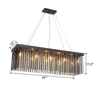 8 Bulbs Linear Hanging Lamp with Crystal Beads Contemporary Height Adjustable Chandelier Lamp in Black