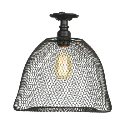 Black Mesh Cage Ceiling Flush Mount Vintage Metallic Single Head Semi Flush Mount for Coffee Shop