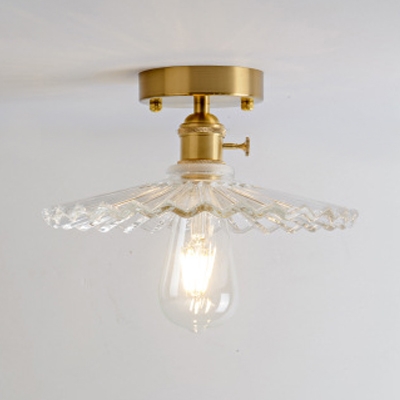 Clear Glass Scalloped Ceiling Light Vintage Industrial 1 Light Semi Flush Light in Brass for Corridor Hallway