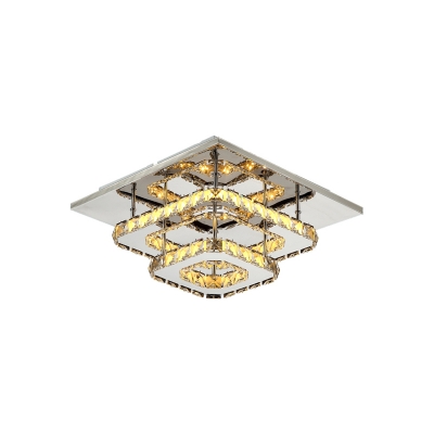 Contemporary 2 Tiers Semi Flush Light with Square Ring Amber Crystal LED Ceiling Lamp