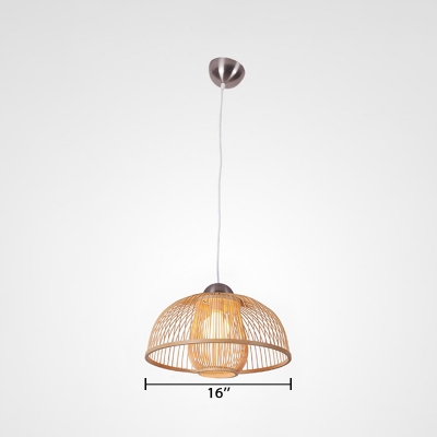 Dome Pendant Light with Inner Rattan Shade Contemporary Single Light Lighting Fixture in Wood