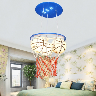 Glass Basketball Hanging Light Boys Room Height Adjustable 3 Heads Pendant Light in Blue/Orange