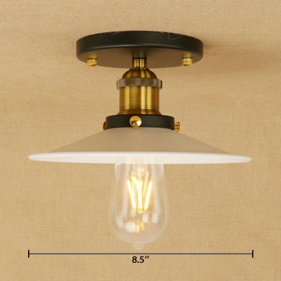 Matte White Flare Shade Semi Flushmount Retro Style Iron Single Light Ceiling Light for Coffee Shop