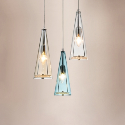 Multicolored Conical Pendant Lamp with Crystal Decoration Simplicity Glass Shade 3 Heads Drop Light