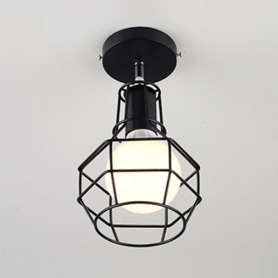 Open Bulb Ceiling Lamp with Black Wire Cage Retro Style Metal 1 Light Lighting Fixture for Dining Room