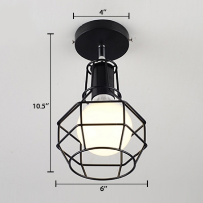 Open Bulb Ceiling Lamp with Black Wire Cage Retro Style Metal 1 Light Lighting Fixture for Dining Room