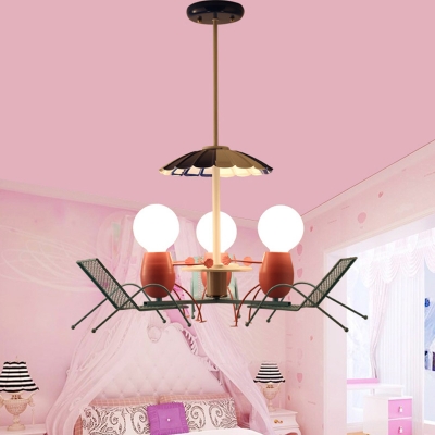 Open Bulb Lighting Fixture with Beach Chair Children Bedroom Metal 3 Lights Hanging Light in Pink