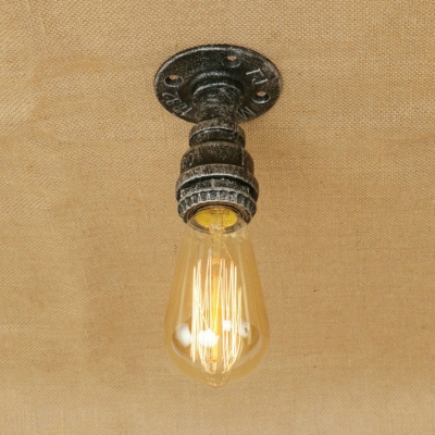 Single Light Mini Ceiling Lamp with Bare Bulb Minimalist Industrial Iron Semi Flush Light in Antique Brass/Bronze/Silver