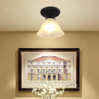 1 Light Bell Mini Ceiling Lamp Traditional Industrial Amber/White Glass Shade Semi Flush Light for Dining Room