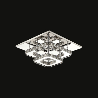 2 Tiers Square Semi Flush Mount with Clear Crystal Modern Fashion LED Ceiling Fixture for Corridor