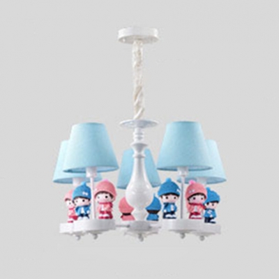 3/5 Heads Conical Chandelier with Boys and Girls Bedroom Fabric Shade Hanging Light Fixture in White