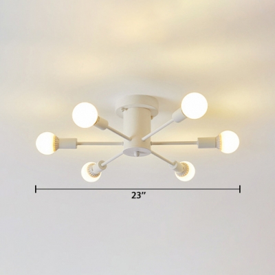 5/6 Lights Starburst Semi Flushmount with Open Bulb Modern Metallic Ceiling Flush Mount in Matte White