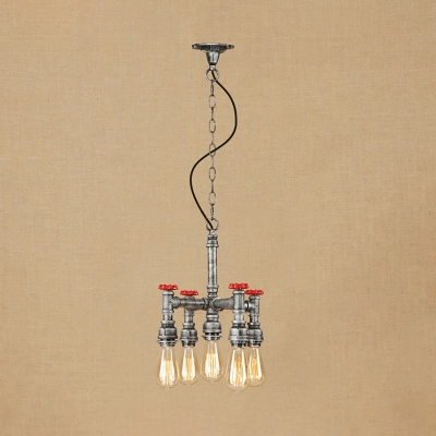 5 Heads Open Bulb Hanging Lamp with Pipe Industrial Metallic Chandelier in Antique Bronze/Silver