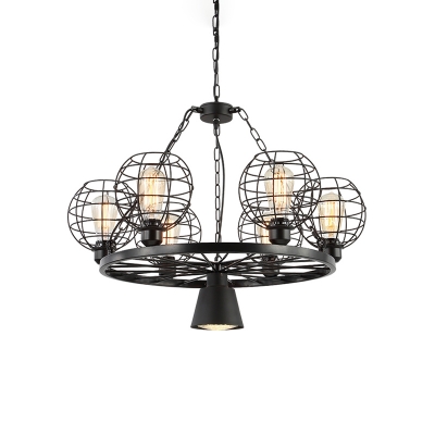 6 Lights Wire Guard Hanging Lamp with Wheel Industrial Metal Chandelier in Black for Living Room