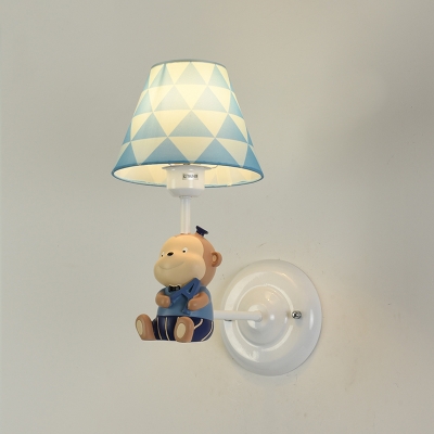 Conical 1 Light Wall Light Sconce with Lovely Monkey Blue Fabric Shade Wall Mount Fixture for Kids