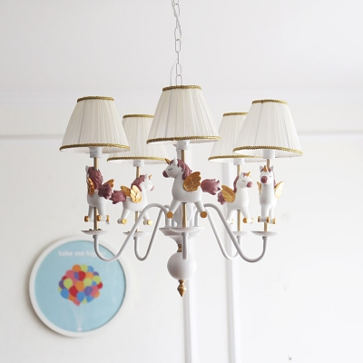 Gathered Fabric Shade Hanging Light with Unicorn White 5 Lights Chandelier Lamp for Kindergarten