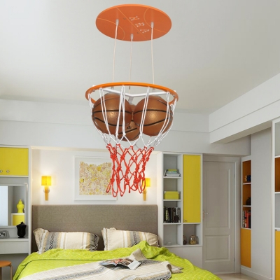 Glass Basketball Hanging Light Boys Room Height Adjustable 3 Heads Pendant Light in Blue/Orange