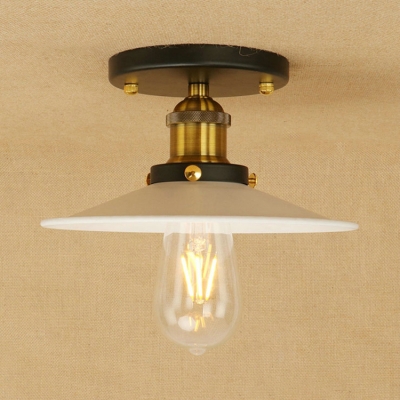 Matte White Flare Shade Semi Flushmount Retro Style Iron Single Light Ceiling Light for Coffee Shop