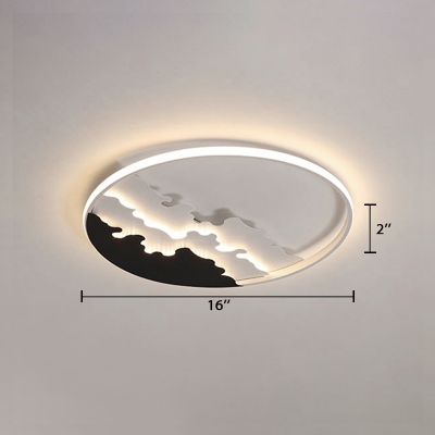 Metal Ring Ceiling Lamp Modernism LED Flushmount with Wave Design in Black and White