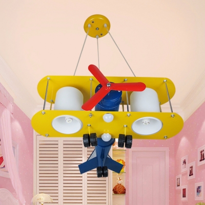 Metallic Biplane Chandelier Lamp with Cylinder Shade Boys Room 2 Heads Suspended Light in Yellow