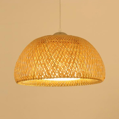 Modernism Dome Suspension Light Weave 1 Bulb Pendant Lamp in Wood with Glass Shade
