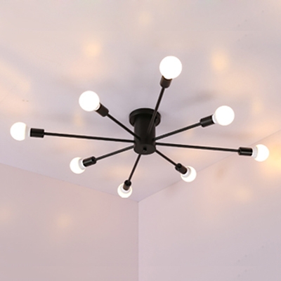 Multi Light Sputnik Semi Flush Mount Post Modern Metal Ceiling Lamp in Black for Bedroom