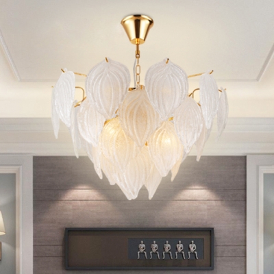 Seeded Glass Leaf Shape Suspended Light Nordic Height Adjustable 4 Bulbs Chandelier in Gold