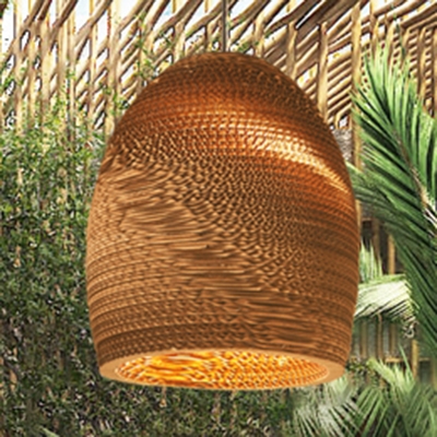 Single Light Basket Lamp Light Asian Style Paper Hanging Pendant Light in Brown for Sitting Room